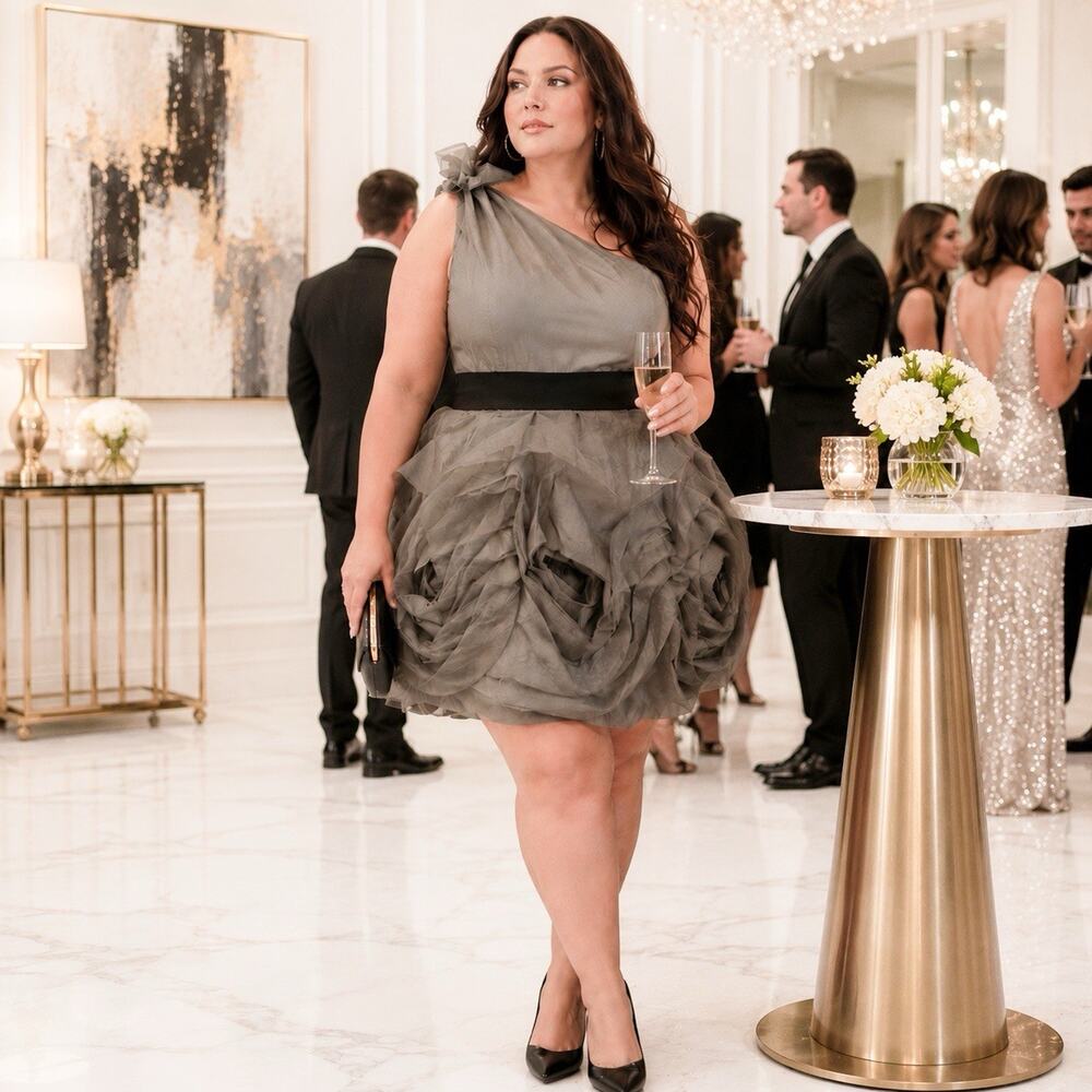 Vera Wang White Organza One Shoulder Cocktail Dress - Taupe Gray, Plus Size 26